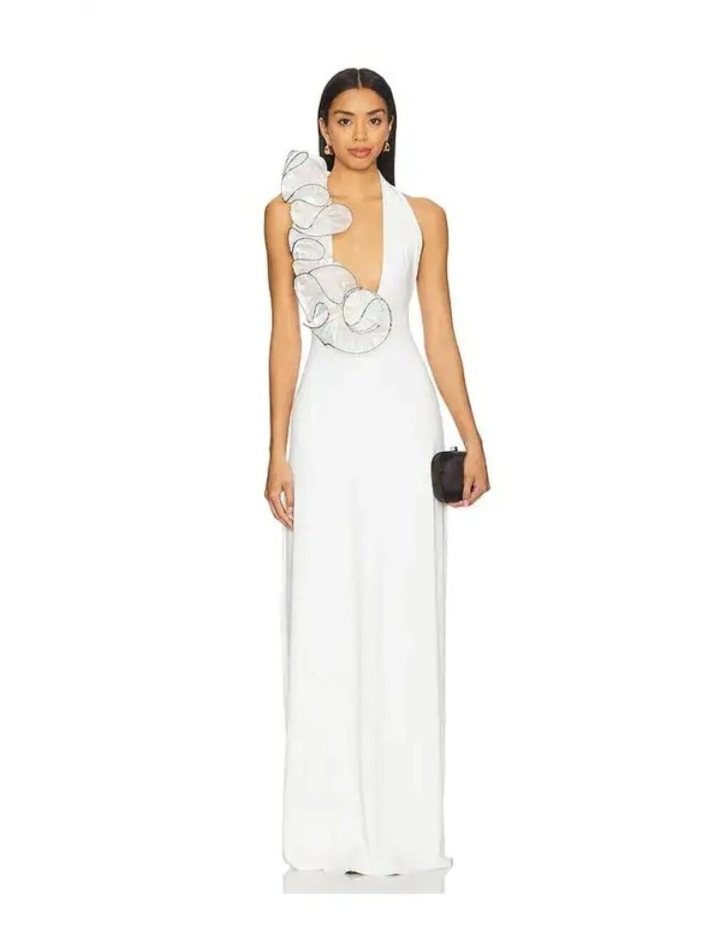 DEME BY GABRIELLA Hope Dress Size XS White Black Tie Ruffle Halter Maxi Dress